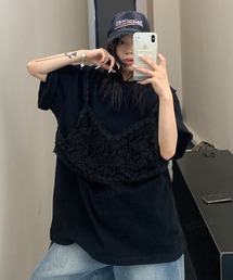 韓国ファッション レースビスチェデザイン半袖Tシャツ