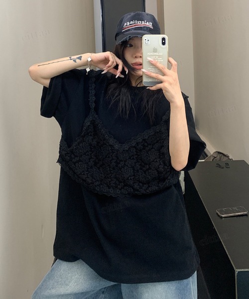 Dalfwin(ダールフィン)の「韓国ファッション レースビスチェデザイン半袖Tシャツ(Tシャツ/カットソー・レディース・ホワイト/ブラック/グレー・FREE)」の2枚目の写真