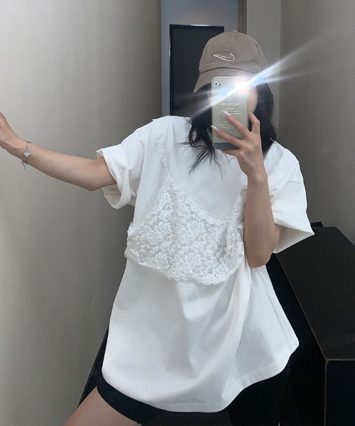 Dalfwin(ダールフィン)の「韓国ファッション レースビスチェデザイン半袖Tシャツ(Tシャツ/カットソー・レディース・ホワイト/ブラック/グレー・FREE)」の20枚目の写真