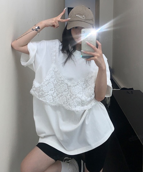 Dalfwin(ダールフィン)の「韓国ファッション レースビスチェデザイン半袖Tシャツ(Tシャツ/カットソー・レディース・ホワイト/ブラック/グレー・FREE)」の21枚目の写真