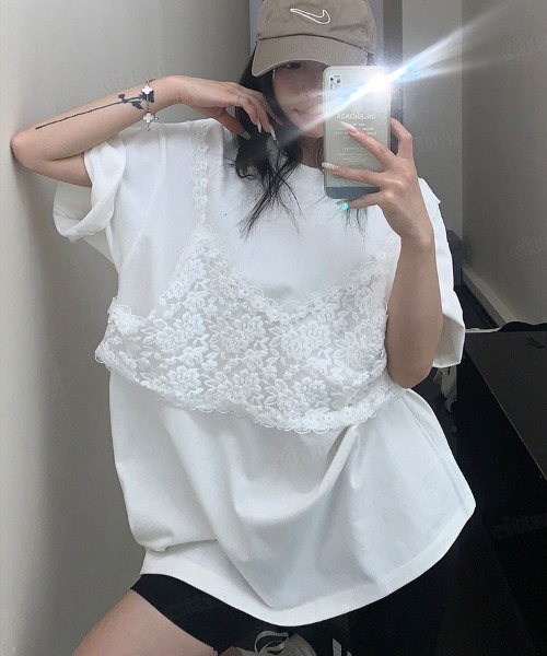Dalfwin(ダールフィン)の「韓国ファッション レースビスチェデザイン半袖Tシャツ(Tシャツ/カットソー・レディース・ホワイト/ブラック/グレー・FREE)」の22枚目の写真