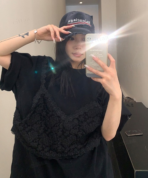 Dalfwin(ダールフィン)の「韓国ファッション レースビスチェデザイン半袖Tシャツ(Tシャツ/カットソー・レディース・ホワイト/ブラック/グレー・FREE)」の14枚目の写真