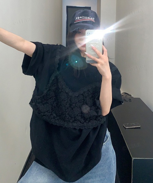 Dalfwin(ダールフィン)の「韓国ファッション レースビスチェデザイン半袖Tシャツ(Tシャツ/カットソー・レディース・ホワイト/ブラック/グレー・FREE)」の15枚目の写真