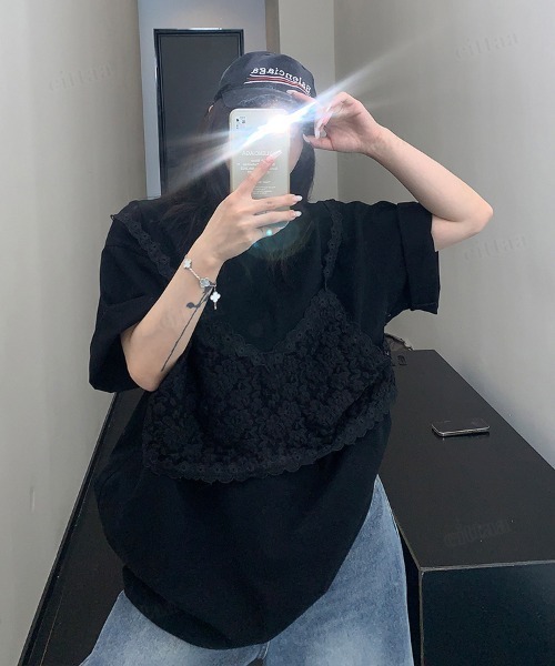 Dalfwin(ダールフィン)の「韓国ファッション レースビスチェデザイン半袖Tシャツ(Tシャツ/カットソー・レディース・ホワイト/ブラック/グレー・FREE)」の16枚目の写真