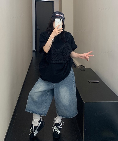 Dalfwin(ダールフィン)の「韓国ファッション レースビスチェデザイン半袖Tシャツ(Tシャツ/カットソー・レディース・ホワイト/ブラック/グレー・FREE)」の17枚目の写真