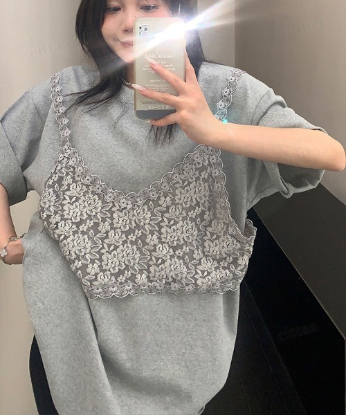 Dalfwin(ダールフィン)の「韓国ファッション レースビスチェデザイン半袖Tシャツ(Tシャツ/カットソー・レディース・ホワイト/ブラック/グレー・FREE)」の8枚目の写真
