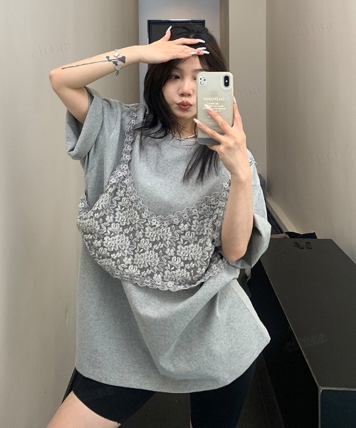 Dalfwin(ダールフィン)の「韓国ファッション レースビスチェデザイン半袖Tシャツ(Tシャツ/カットソー・レディース・ホワイト/ブラック/グレー・FREE)」の9枚目の写真