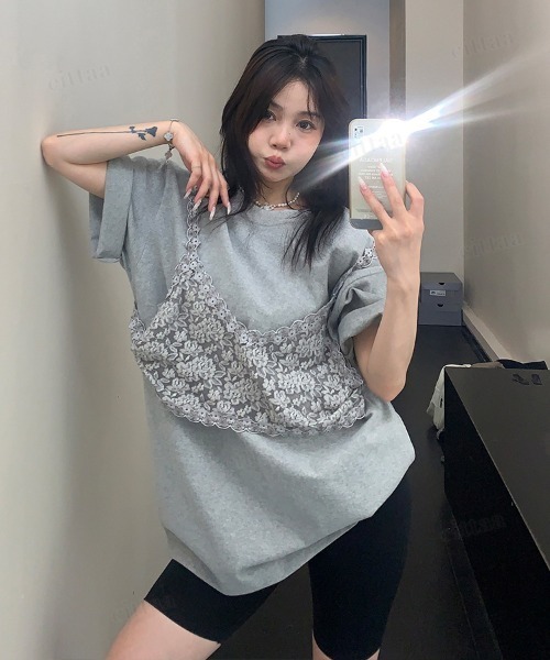 Dalfwin(ダールフィン)の「韓国ファッション レースビスチェデザイン半袖Tシャツ(Tシャツ/カットソー・レディース・ホワイト/ブラック/グレー・FREE)」の10枚目の写真