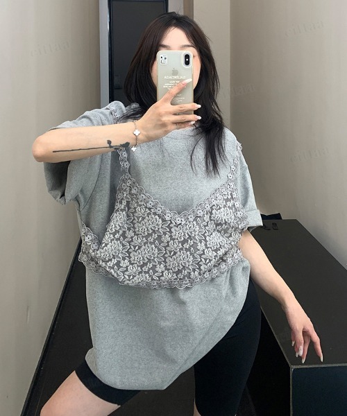 Dalfwin(ダールフィン)の「韓国ファッション レースビスチェデザイン半袖Tシャツ(Tシャツ/カットソー・レディース・ホワイト/ブラック/グレー・FREE)」の11枚目の写真