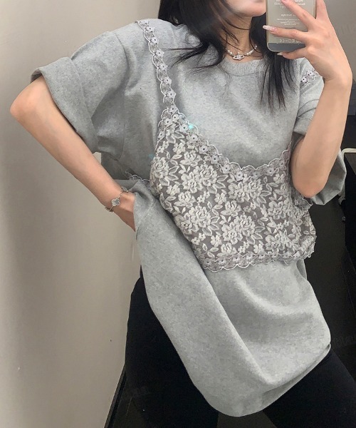 Dalfwin(ダールフィン)の「韓国ファッション レースビスチェデザイン半袖Tシャツ(Tシャツ/カットソー・レディース・ホワイト/ブラック/グレー・FREE)」の12枚目の写真