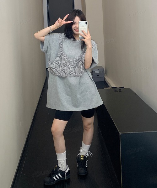 Dalfwin(ダールフィン)の「韓国ファッション レースビスチェデザイン半袖Tシャツ(Tシャツ/カットソー・レディース・ホワイト/ブラック/グレー・FREE)」の13枚目の写真