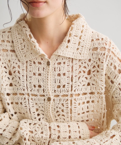 Crisp（クリスプ）の「クロシェニットシャツカーディガン（カーディガン/ボレロ・レディース・ナチュラル/ブラウン・FREE）」の6枚目の写真