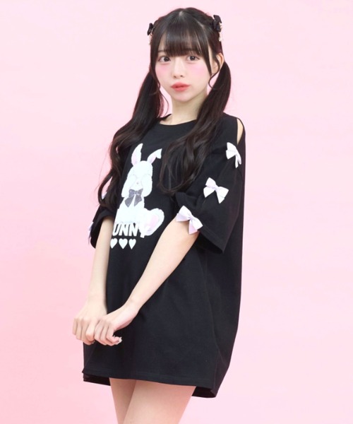 Secret Honey（シークレットハニー）の「袖スリットバニープリントTシャツ（Tシャツ/カットソー・レディース・ブラック/オフホワイト/ピンク・FREE）」の2枚目の写真