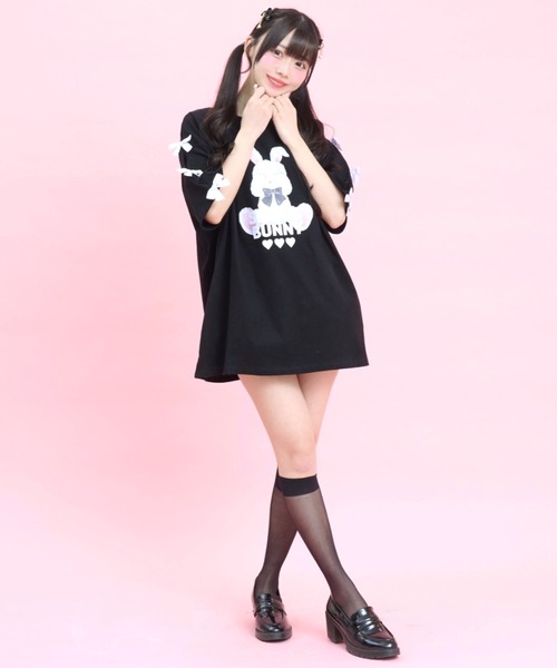 Secret Honey(シークレットハニー)の「袖スリットバニープリントTシャツ(Tシャツ/カットソー・レディース・ブラック/オフホワイト/ピンク・FREE)」の9枚目の写真