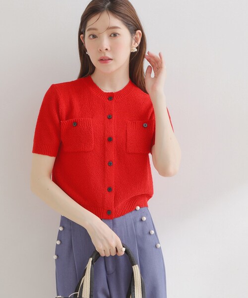 couture brooch(クチュールブローチ)の「ポケット付き半袖カーディガン(カーディガン/ボレロ・レディース・ベージュ/レッド系1/ネイビー・38)」の3枚目の写真