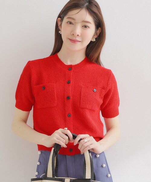 couture brooch(クチュールブローチ)の「ポケット付き半袖カーディガン(カーディガン/ボレロ・レディース・ベージュ/レッド系1/ネイビー・38)」の12枚目の写真