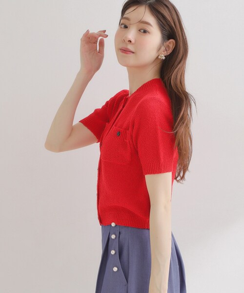 couture brooch(クチュールブローチ)の「ポケット付き半袖カーディガン(カーディガン/ボレロ・レディース・ベージュ/レッド系1/ネイビー・38)」の13枚目の写真