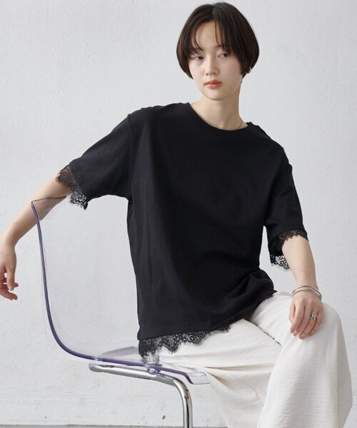 COLONY 2139（コロニートゥーワンスリーナイン）の「裾レースヘムオーバーTシャツ（Tシャツ/カットソー・レディース・ブラック/ホワイト/ピンク・FREE）」の16枚目の写真