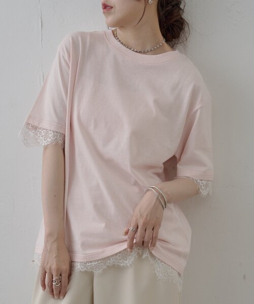 COLONY 2139（コロニートゥーワンスリーナイン）の「裾レースヘムオーバーTシャツ（Tシャツ/カットソー・レディース・ブラック/ホワイト/ピンク・FREE）」の8枚目の写真