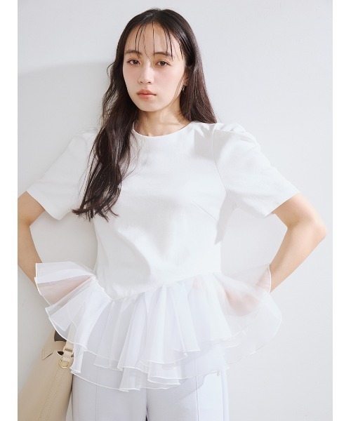 FRAY I.D(フレイアイディー)の「シアーペプラムカットトップス/ウォッシャブル(Tシャツ/カットソー・レディース・ブラック/ライトブルー/ホワイト・F)」の1枚目の写真
