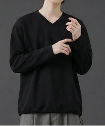 裾ドローコード Vネック ロングTシャツ