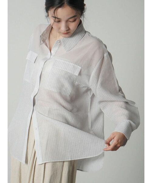 FIKA.(フィーカ)の「Sheer docking stripe shirt(シャツ/ブラウス・レディース・オフホワイト/グレー・FREE)」の6枚目の写真