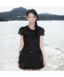 See-through Pleat Short Sleeved Blouse [Black]