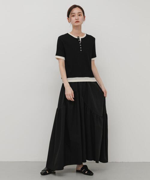 SENSE OF PLACE by URBAN RESEARCH(センスオブプレイスバイアーバンリサーチ)の「ヘンリーネックレイヤードトップ(半袖)(Tシャツ/カットソー・レディース・グレー/ブラック/ベージュ・ONE)」の5枚目の写真