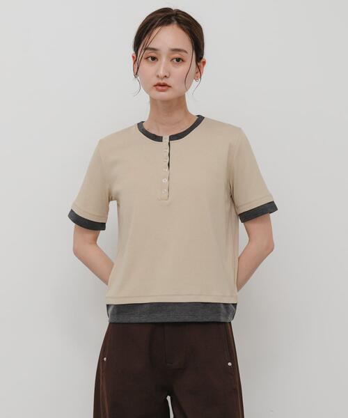 SENSE OF PLACE by URBAN RESEARCH(センスオブプレイスバイアーバンリサーチ)の「ヘンリーネックレイヤードトップ(半袖)(Tシャツ/カットソー・レディース・グレー/ブラック/ベージュ・ONE)」の20枚目の写真