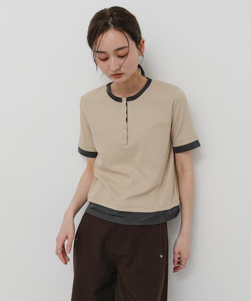 SENSE OF PLACE by URBAN RESEARCH(センスオブプレイスバイアーバンリサーチ)の「ヘンリーネックレイヤードトップ(半袖)(Tシャツ/カットソー・レディース・グレー/ブラック/ベージュ・ONE)」の21枚目の写真