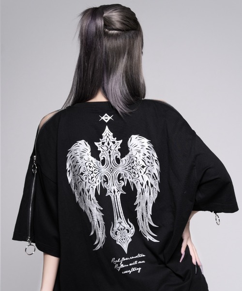 REFLEM(レフレム)の「『REFLEM/レフレム』ショルダーZIP箔プリントTシャツ(Tシャツ/カットソー・レディース・ブラック×パープル/ブラック×シルバー・FREE)」の7枚目の写真