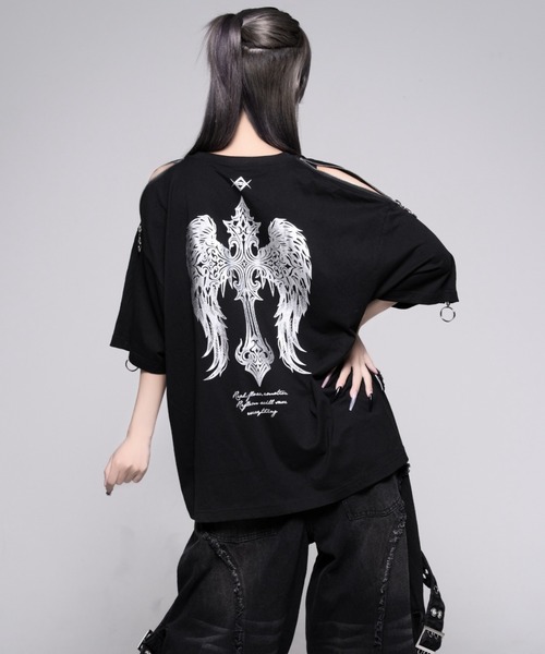 REFLEM(レフレム)の「『REFLEM/レフレム』ショルダーZIP箔プリントTシャツ(Tシャツ/カットソー・レディース・ブラック×パープル/ブラック×シルバー・FREE)」の6枚目の写真