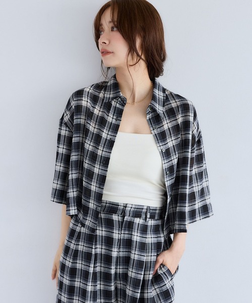 シアーチェックシャツ半袖 1046953（シャツ/ブラウス）｜mysty woman