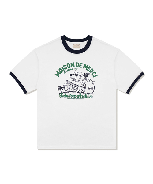 FABULOUS ARCHIVE(ファビュラスアーカイブ)の「ユニセックス オーバーサイズ パピーサーフィン リンガー 半袖Tシャツ ホワイト(FCE2TS401M)(Tシャツ/カットソー・レディース・ホワイト・LARGE/MEDIUM/SMALL)」の1枚目の写真