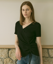 Viscose Wrap-Style V-Neck Shirring Ribbed Knit (black)
