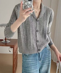 ケーブル編み襟付きニットカーディガン