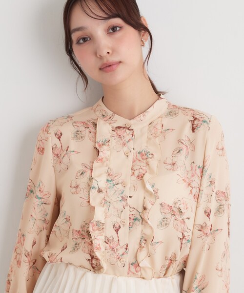 Sunauna(スーナウーナ)の「【手洗い可/日本製】花柄フリルブラウス(シャツ/ブラウス・レディース・ネイビー系/ベージュ系その他4/パープル系1・40/38)」の1枚目の写真