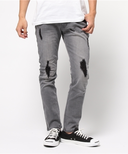 VENCEEXCHANGE（ヴァンスエクスチェンジ）の「ダメージデニムスキニーパンツ（デニムパンツ・メンズ・グレー/ライトブルー/ブラック・SMALL/MEDIUM/LARGE）」の14枚目の写真