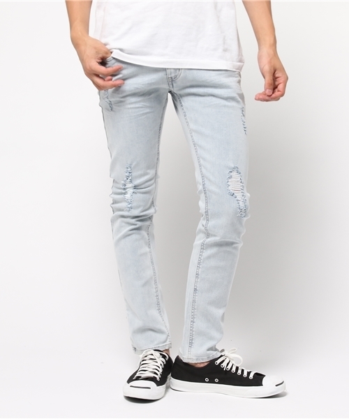 VENCEEXCHANGE（ヴァンスエクスチェンジ）の「ダメージデニムスキニーパンツ（デニムパンツ・メンズ・グレー/ライトブルー/ブラック・SMALL/MEDIUM/LARGE）」の3枚目の写真