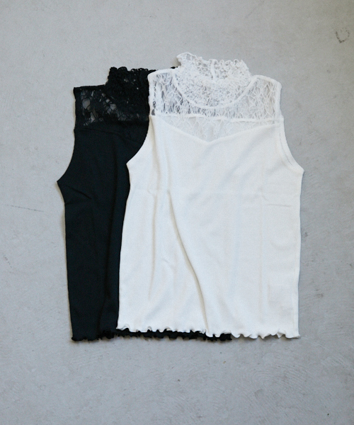 PairPair(ペアペア)の「フリルネックレース切り替えリブタンク(タンクトップ・レディース・ブラック/オフホワイト・FREE)」の3枚目の写真