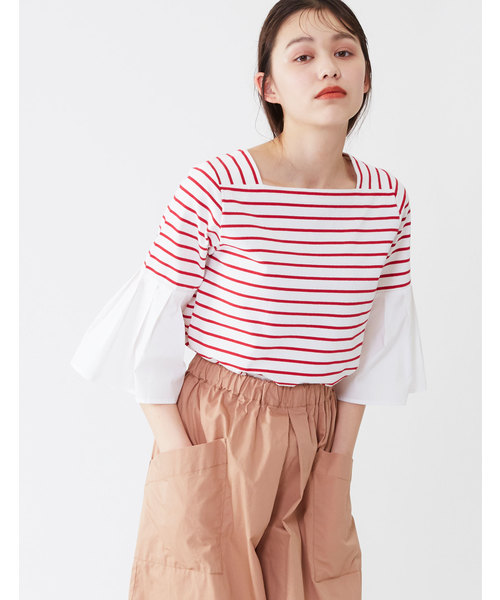 POU DOU DOU（プードゥドゥ）の「ボーダースクエアネックプルオーバー（Tシャツ/カットソー・レディース・レッド/ネイビー/グレー・3）」の3枚目の写真