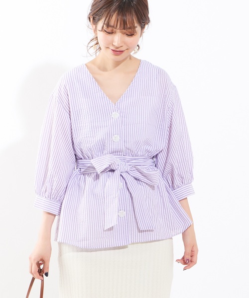 natural couture(ナチュラルクチュール)の「べっ甲調釦ウエストマークブラウス(シャツ/ブラウス・レディース・アイボリー/スミクロ/パープル系その他/ネイビー・FREE)」の18枚目の写真