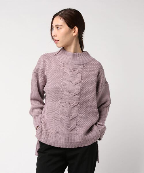 ケーブル編み切り替え鹿の子編み 天竺ハイネックビッグシルエットサイドスリットニット