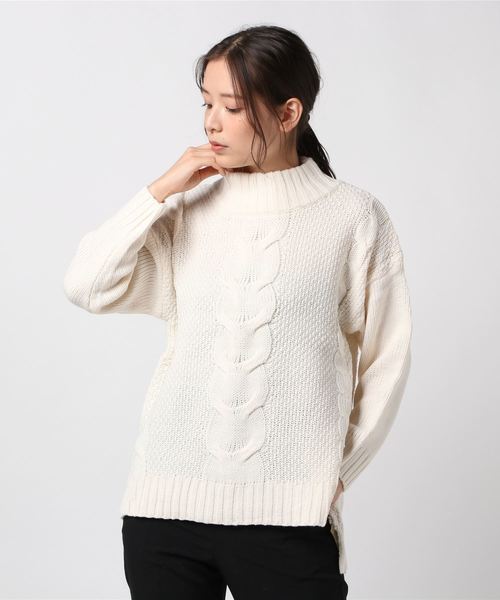 STYLEBLOCK(スタイルブロック)の「ケーブル編み切り替え鹿の子編み×天竺ハイネックビッグシルエットサイドスリットニット(ニット/セーター・レディース・ライトベージュ/ピンク/ブルー/モカ/ラベンダー/杢グレー/オレンジ系その他/ブラック/パープル/オフホワイト・M)」の1枚目の写真