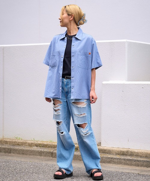 ブラウス シャツ UNIVERSAL OVERALL オープンカラーシャツ (ユニバーサルオーバーオール )(2colors)(シャツ) レディース UNIVERSAL OVERALL オープンカラーシャツ (ユニバーサル