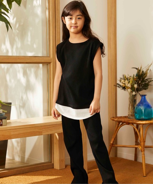 ＆yam（アンドヤム）の「スソフェイクフレンチスリーブリブＴシャツ（Tシャツ/カットソー・キッズ・ピンク/ブラック/ホワイト/ベージュ/ブラウン・120/110/100/150/140/90/130/160）」の10枚目の写真