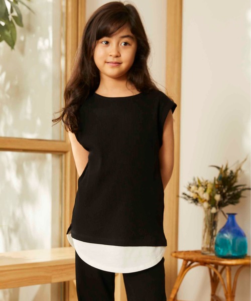＆yam（アンドヤム）の「スソフェイクフレンチスリーブリブＴシャツ（Tシャツ/カットソー・キッズ・ピンク/ブラック/ホワイト/ベージュ/ブラウン・120/110/100/150/140/90/130/160）」の14枚目の写真