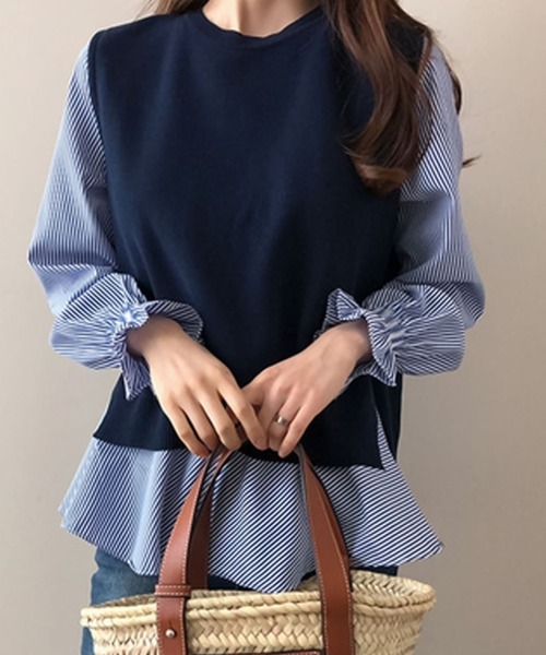 Girly Doll（ガーリードール）の「レイヤードが楽しめる！ニットベスト・ブラウス2枚セット（シャツ/ブラウス・レディース・ホワイト/モカ/カーキ/ブルー/キャメル・FREE）」の4枚目の写真