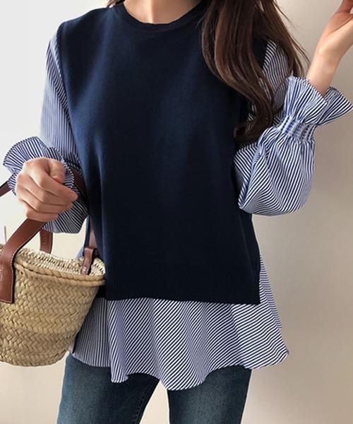 Girly Doll（ガーリードール）の「レイヤードが楽しめる！ニットベスト・ブラウス2枚セット（シャツ/ブラウス・レディース・ホワイト/モカ/カーキ/ブルー/キャメル・FREE）」の14枚目の写真