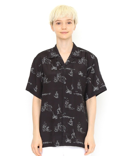 Design Tshirts Store graniph（デザイン　ティーシャツ　ストア　グラニフ）の「弓矢(鳥獣戯画) | コラボオープンカラー半袖シャツ(スミクロ)（シャツ/ブラウス・メンズ・スミクロ・SMALL/MEDIUM/LARGE）」の2枚目の写真